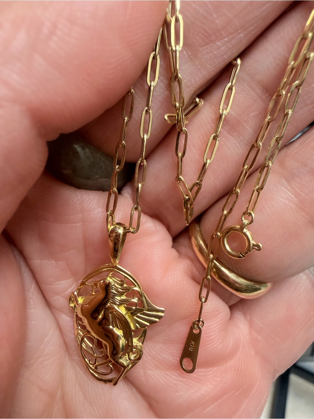 K18 Japan Gold Pegasus Pendant and Paperclip Necklace set 18 inches/45cm